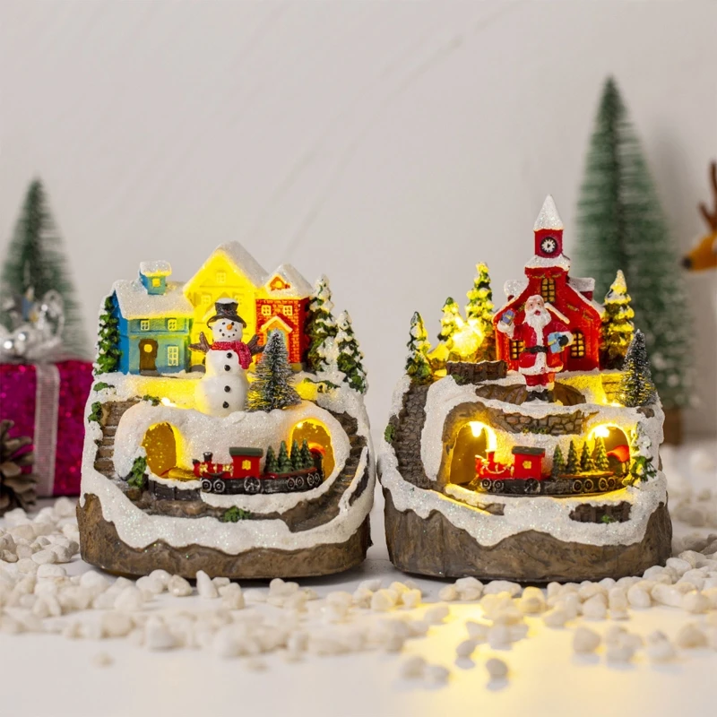 

Christmas Village House LED Luminous Snow House Figurine Resin Music Landscape Indoor House Tabletop Christmas Ornament