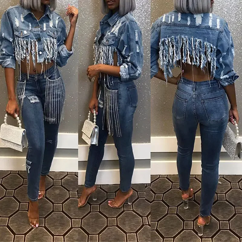 Tassel Cropped Jean Jacket Women Autumn Vintage Ripped Chain Indie Long Sleeve Denim Jacket Short Denim Coat Female Streetwear
Tassel Cropped Jean Jacket Women Autumn Vintage Ripped Chain Indie Long Sleeve Denim Jacket Short Denim Coat Female Streetwear