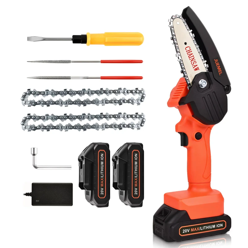 Mini Chainsaw Cordless 20V 2pcs Batteries JUEMEL 4 Inch Electric Power Chain Saw One-Hand Operated Portable Wood Saw
Mini Chainsaw Cordless 20V 2pcs Batteries JUEMEL 4 Inch Electric Power Chain Saw One-Hand Operated Portable Wood Saw