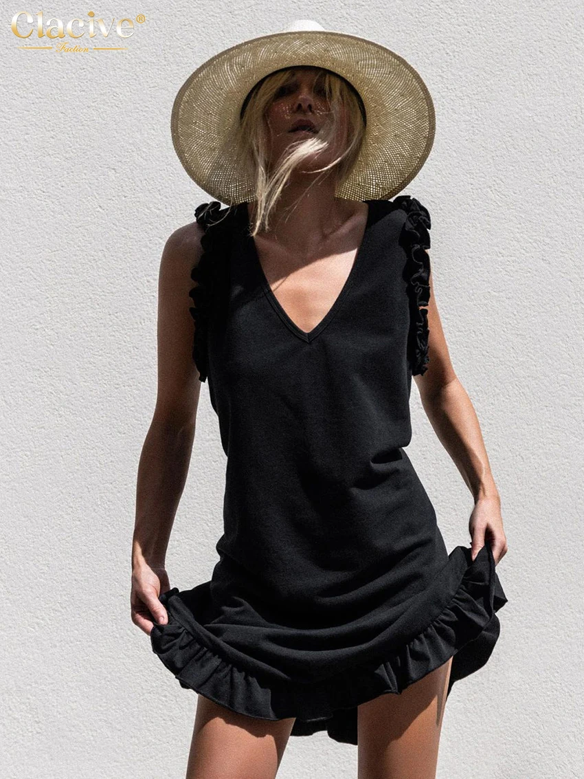 

Пикантное свободное Черное женское платье Clacive, лето 2023, мини-платья без рукавов с V-образным вырезом, элегантное Классическое женское плать...