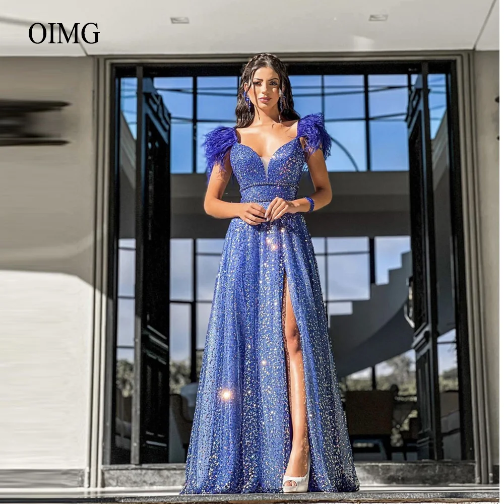 Sparkly Blue Sequin Long Prom Dresses Feathers Sweetheart Side Slit Crystal Sash Evening Gowns Women Event Occasion Dress
Sparkly Blue Sequin Long Prom Dresses Feathers Sweetheart Side Slit Crystal Sash Evening Gowns Women Event Occasion Dress