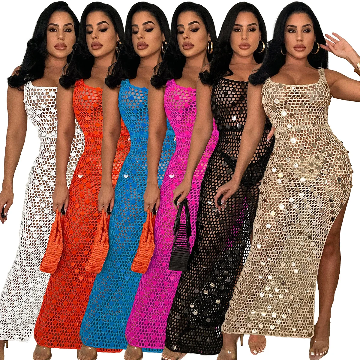 

Summer Bodycon Maxi Dress Women Sequined Birthday Dresses Outfits Fishnet Long Skirts Beach Wear Hollow Out Casual Sexy Sundress