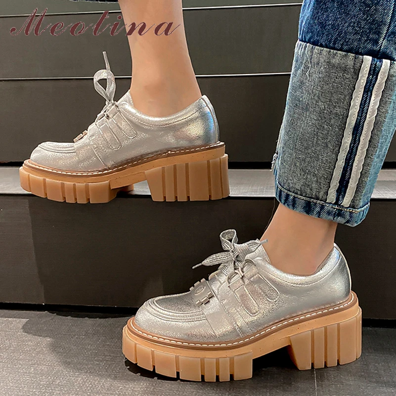 Meotina Women Genuine Leather Round Toe Platform Thick High Heels Lace-up Pumps Ladies Fashion Autumn Spring Shoes Silver 40
Meotina Women Genuine Leather Round Toe Platform Thick High Heels Lace-up Pumps Ladies Fashion Autumn Spring Shoes Silver 40