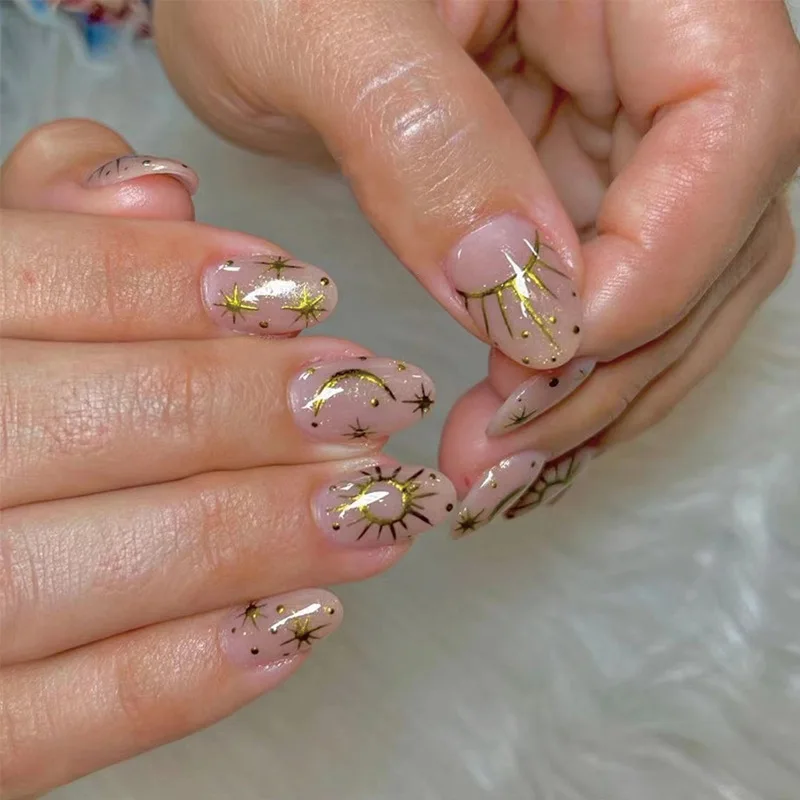 Full Coverage Fake Nail 24Pcs Gold Thread Sun Star Moon Short Fashion Manicure Diy Manicure Tools Short Fake Nail
Full Coverage Fake Nail 24Pcs Gold Thread Sun Star Moon Short Fashion Manicure Diy Manicure Tools Short Fake Nail