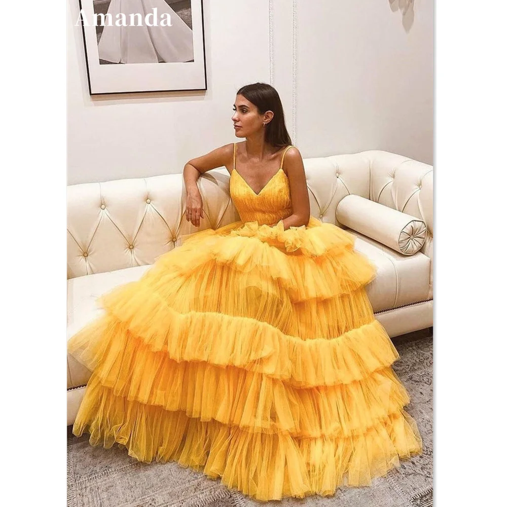

Amanda Multilayer Yellow A-line Prom Dress Silk Organza Floor Length فستان سهرة Sexy Spaghetti Strap Formal Occasion Dresses
