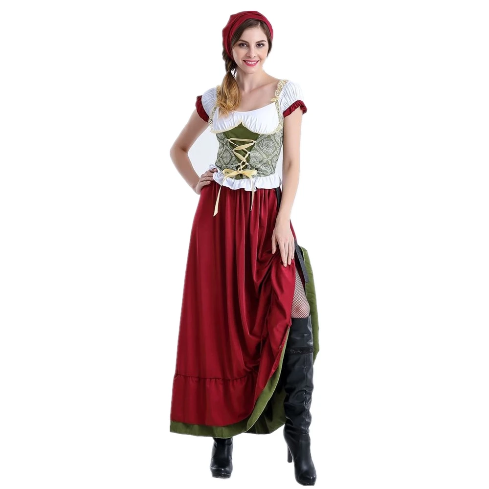 

Women's German Beer Dirndl Gorgeous Dress Apron Set Costumes Germany Bavarian Oktoberfest Babe Bar Maid Carnival Burgundy Dress