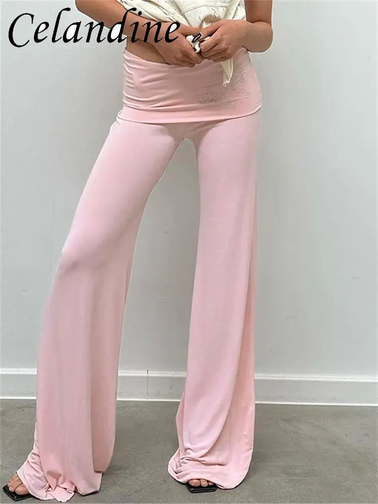 

Celandine Casual Butterfly Diamond Fold Over Low Rise Flare Pants Women Stitching American Long Pants Pink Y2K Hottie Streetwear