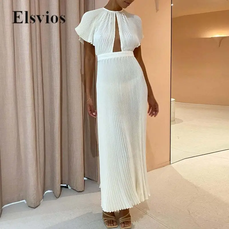 Women Summer Sexy Hollow Out O-Neck Long Dress Elegant Solid Lady Pleated Party Dress New Fashion Short Sleeve Office Lady Dress 
Women Summer Sexy Hollow Out O-Neck Long Dress Elegant Solid Lady Pleated Party Dress New Fashion Short Sleeve Office Lady Dress