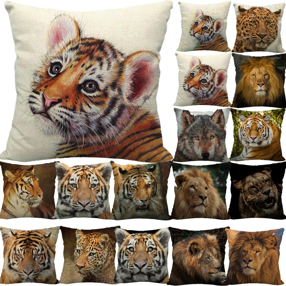 

Linen 45cm Leopard Head Print Pillow case For Sofa Decoration Throw pillows Tropical Animals Lion Tiger Cushion Cover Home Decor