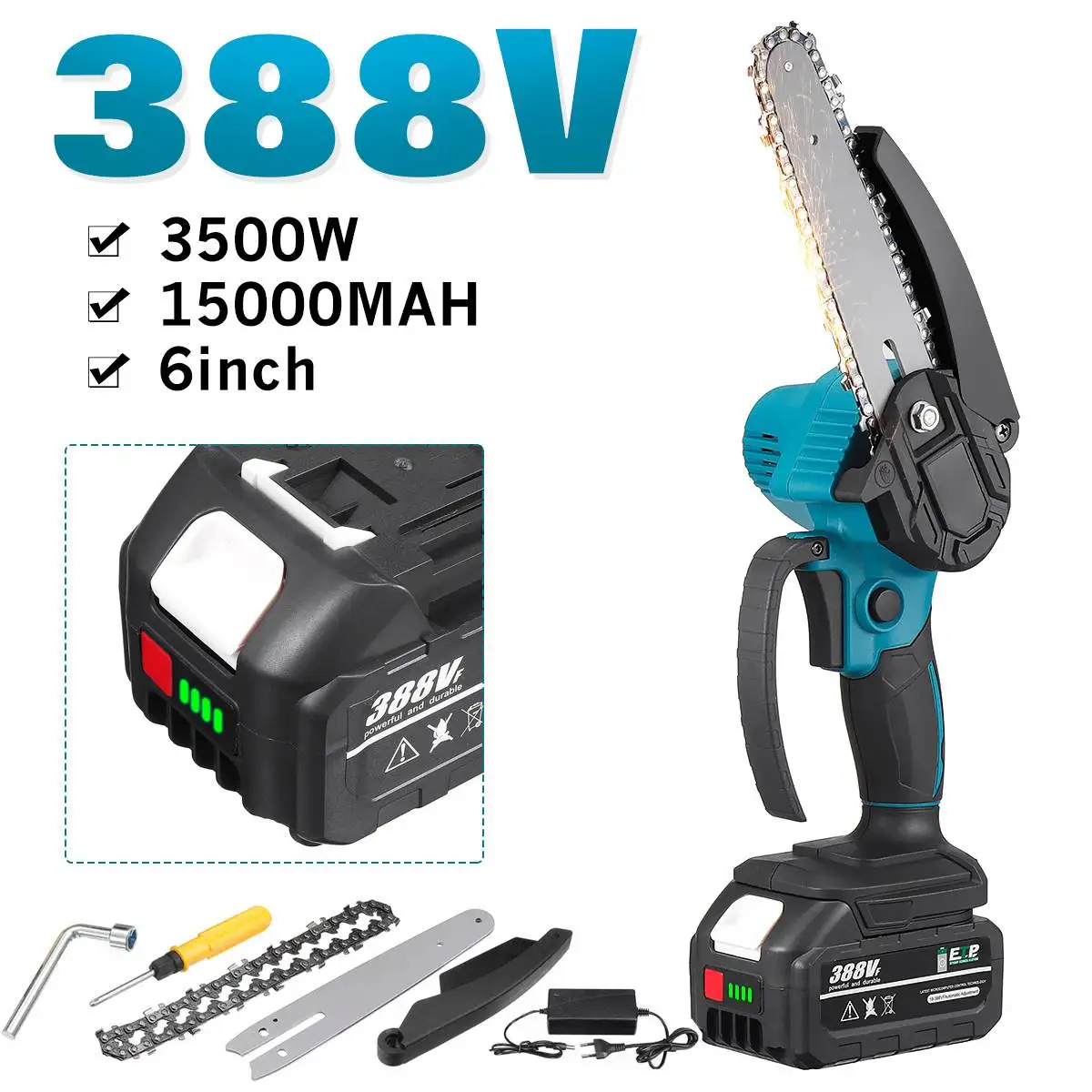 6 Inch 3500W 388V Mini Electric Chain Saw With Indicator Battery Portable Chain Saw Woodworking Tool For Makita 18V Battery
6 Inch 3500W 388V Mini Electric Chain Saw With Indicator Battery Portable Chain Saw Woodworking Tool For Makita 18V Battery