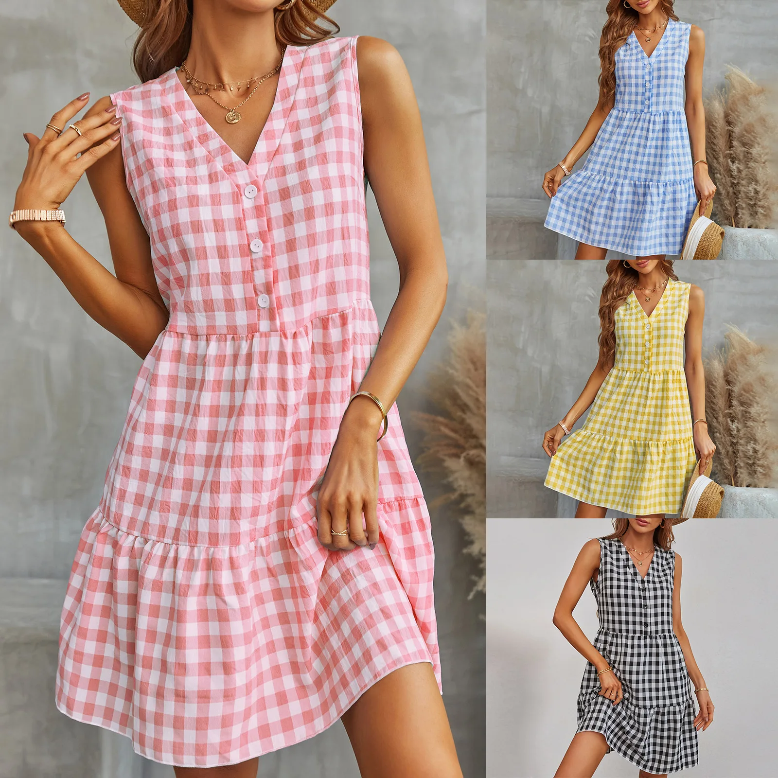 2022 summer new V-neck skirt European and American women's fashion Plaid Dress middle skirt women clothing sexy dress
2022 summer new V-neck skirt European and American women's fashion Plaid Dress middle skirt women clothing sexy dress