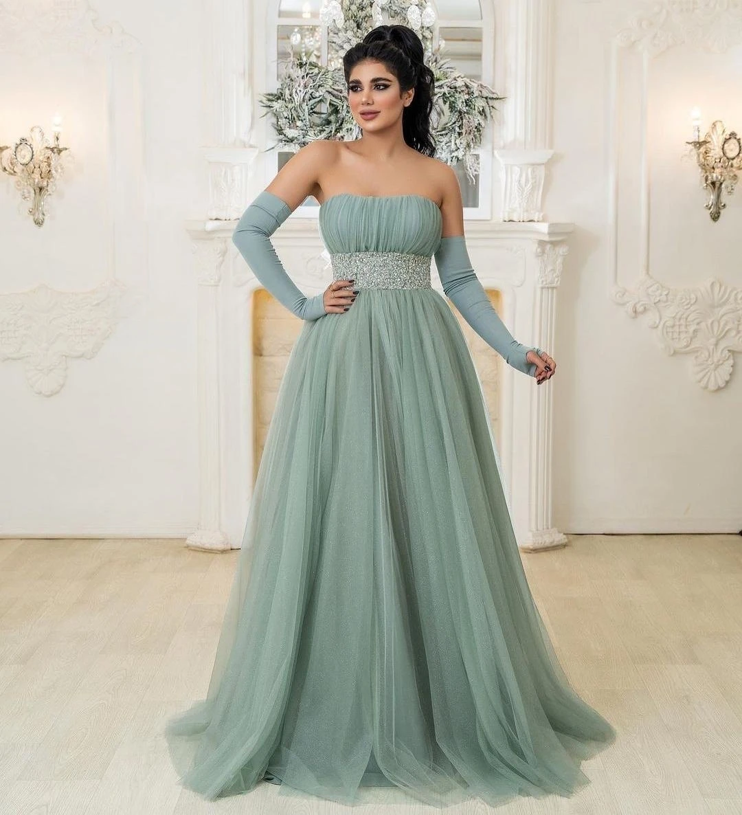 Lovestory Plus Size Strapless Prom Dresses Beaded Sash Detachable Long Sleeves Bride Wear Tulle A Line Dress for Wedding Party
Lovestory Plus Size Strapless Prom Dresses Beaded Sash Detachable Long Sleeves Bride Wear Tulle A Line Dress for Wedding Party