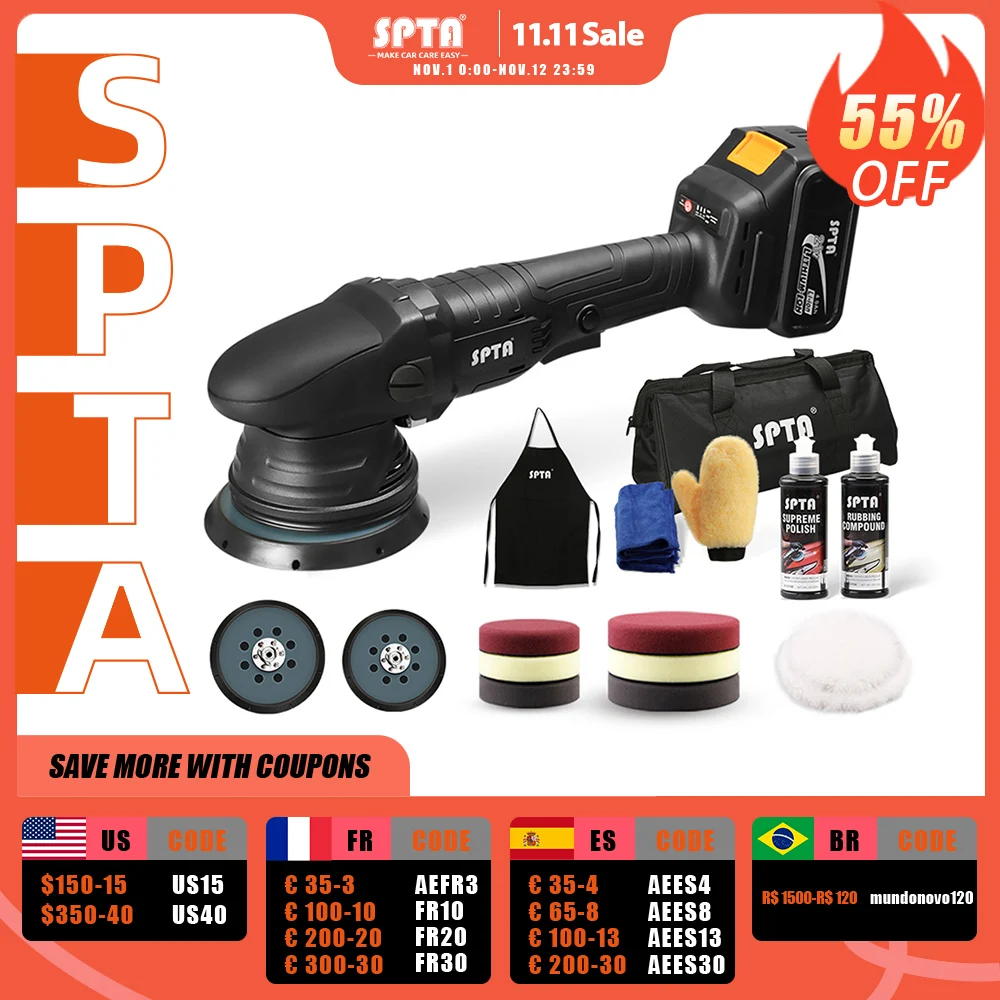 SPTA 21V Cordless Car Polisher 15mm Orbit 3000-5000rpm Variable Speed Polishing Machine With 2 4000Ahm Battery For Car Plishing
SPTA 21V Cordless Car Polisher 15mm Orbit 3000-5000rpm Variable Speed Polishing Machine With 2 4000Ahm Battery For Car Plishing