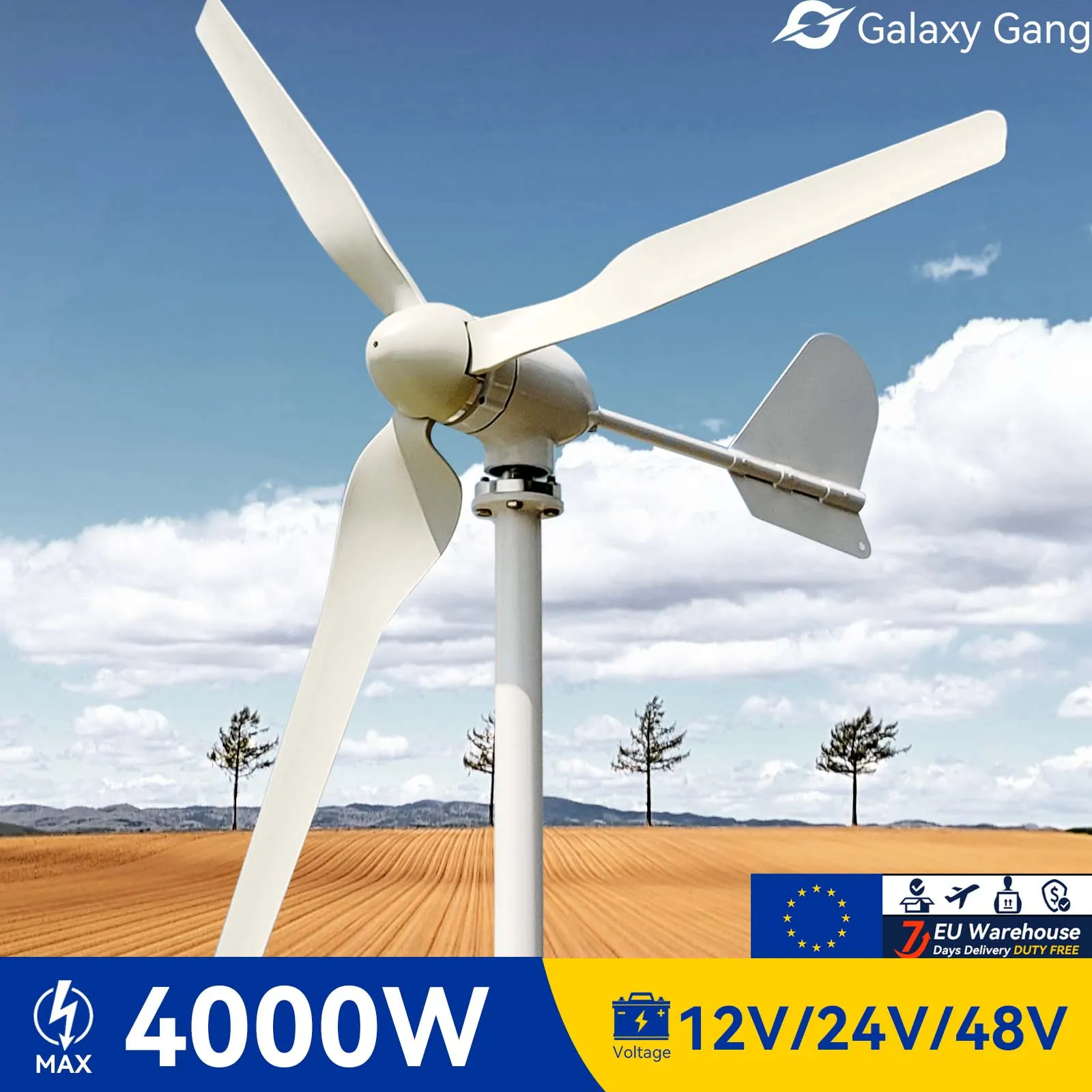 Galaxy Gang Wind Turbine Generator 48v 12v 24v Home Use 4KW 3 Blades 4000W Windmill With Mppt Charge Controller Model GGM3
Galaxy Gang Wind Turbine Generator 48v 12v 24v Home Use 4KW 3 Blades 4000W Windmill With Mppt Charge Controller Model GGM3