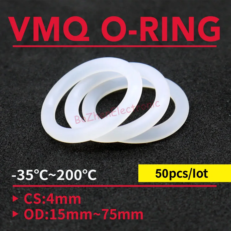 

50pcs VMQ O Ring Seal Gasket Thickness CS 4mm OD 15 ~ 75mm Silicone Rubber Insulated Waterproof Washer Round Shape White Nontoxi