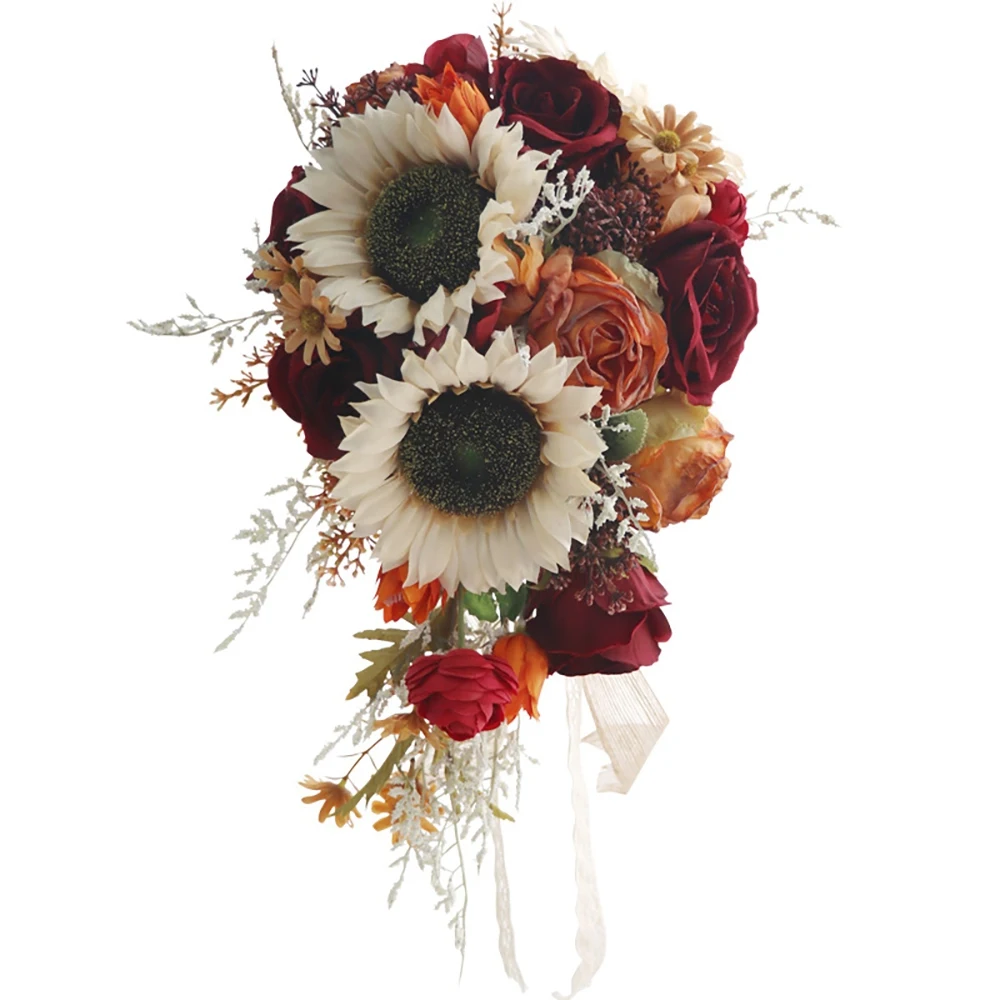 

Vintage Sunflower Wedding Bridal Bouquet for Bride Artificial Burgundy Rose Cascading Rustic Toss Bouquet for Church