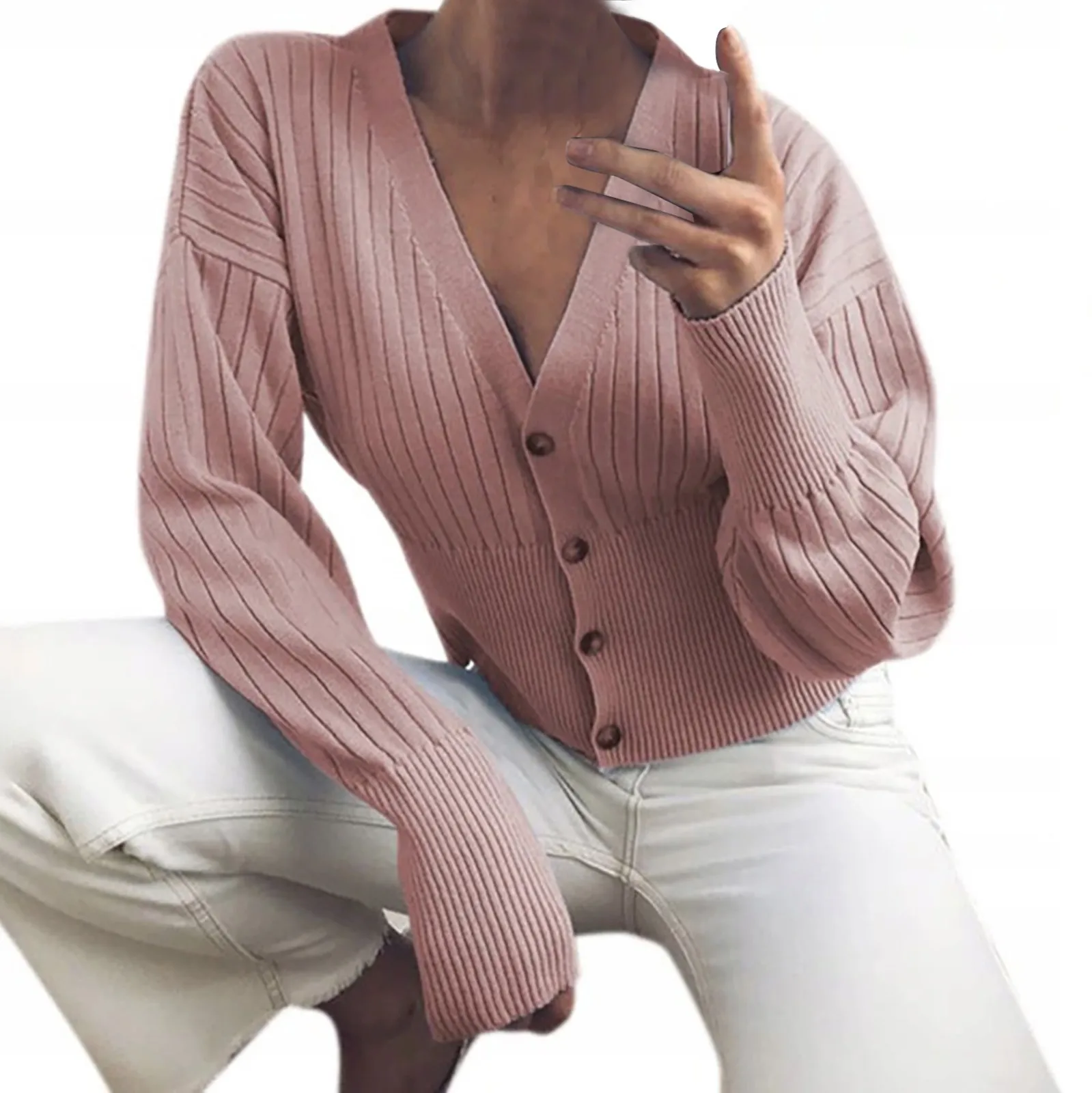 Женский однотонный вязаный свитер с V-образным вырезом, Свободный кардиган с длинными рукавами
Женский однотонный вязаный свитер с V-образным вырезом, Свободный кардиган с длинными рукавами