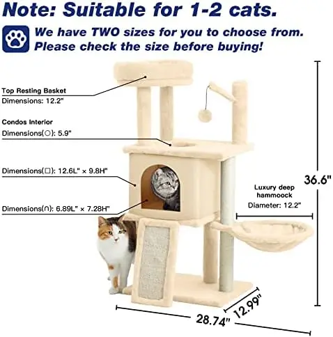 

Multi-Level Cat Tree Cat Tower for Indoor Cats, Tall Plush Rest Area with Spacious Cat Condos, Scratching Posts with Hammock Bas