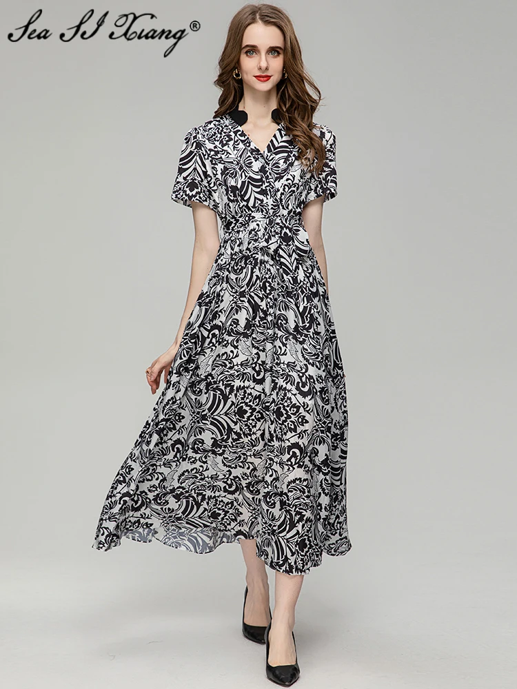 Seasixiang Fashion Designer Summer Dress Women V-Neck Short Sleeve Belt Vintage Print Long Dresses
Seasixiang Fashion Designer Summer Dress Women V-Neck Short Sleeve Belt Vintage Print Long Dresses