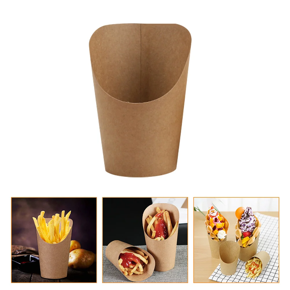 

50 Pcs French Fries Packing Bucket Disposable Paper Cups Take-out Cone Sandwich Box Kraft Snacks Holder