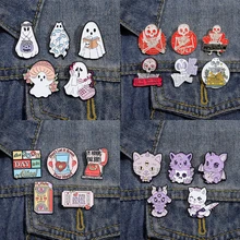 New Cartoon Enamel Pin Set Custome Punk Gothic Skeleton Ghost Boo Cute Cat Brooches Backpack Lapel Badges Jewelry Gift for Kids