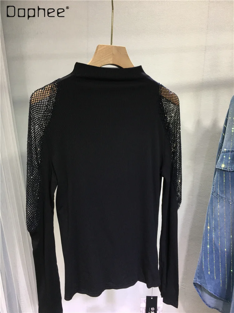Rhinestone Black Bottoming Shirt for Women 2023 Autumn New Sexy Shoulder Hollow Brushed Long Sleeve Half Turtleneck T-shirt
Rhinestone Black Bottoming Shirt for Women 2023 Autumn New Sexy Shoulder Hollow Brushed Long Sleeve Half Turtleneck T-shirt
