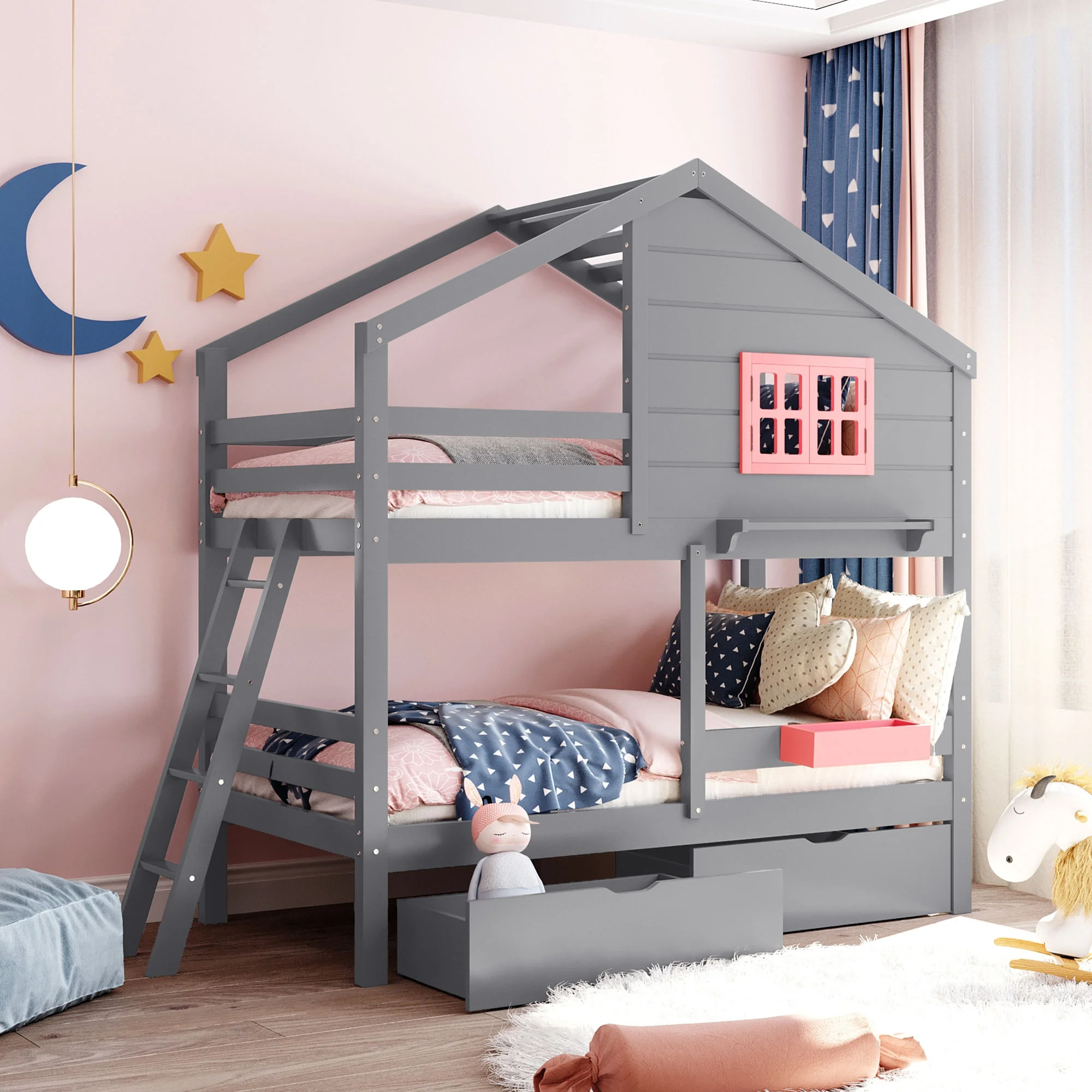 Home Modern Wooden Bedroom Furniture Beds Frames Bases Twin Bunk Bed With 2 Drawers 1 Storage Box 1 Shelf Window And Roof Gray
Home Modern Wooden Bedroom Furniture Beds Frames Bases Twin Bunk Bed With 2 Drawers 1 Storage Box 1 Shelf Window And Roof Gray