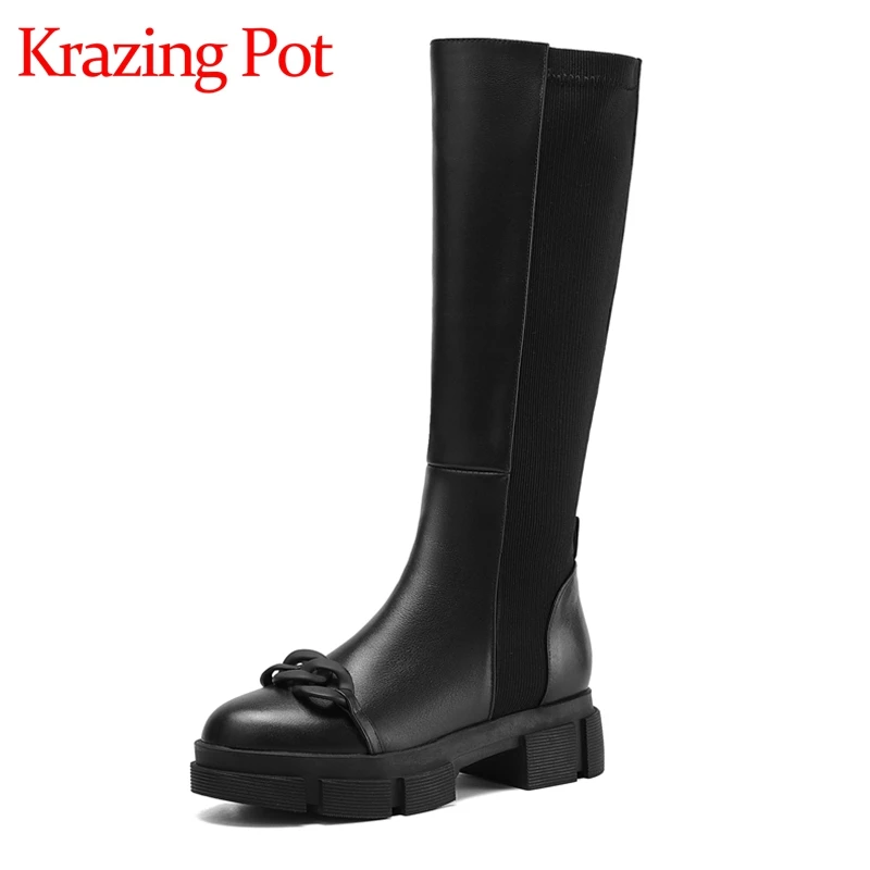 Krazing Pot Big Size Genuine Leather Round Toe Med Heel Thick Bottom Platform Chain Decoration Fashion Cozy Thigh High Boots L06
Krazing Pot Big Size Genuine Leather Round Toe Med Heel Thick Bottom Platform Chain Decoration Fashion Cozy Thigh High Boots L06