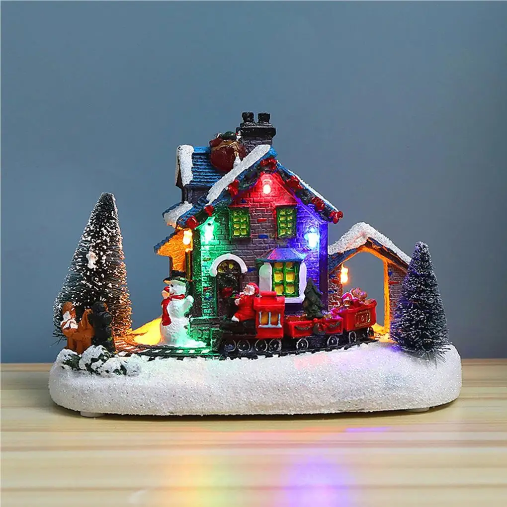 

Рождественский Снежный дом, светящийся пейзаж, поделки из смолы, настольное украшение, красочные светодиодные маленькие фигурки деревни, у...