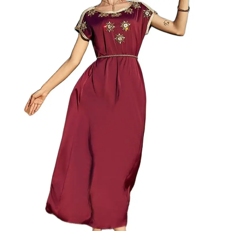 Moroccan Caftan Summer 2022 Maxi Dress for Women Arab Dubai Gold Tape Trim O Neck Short Sleeve Rhinestones Flower Loose Belted
Moroccan Caftan Summer 2022 Maxi Dress for Women Arab Dubai Gold Tape Trim O Neck Short Sleeve Rhinestones Flower Loose Belted