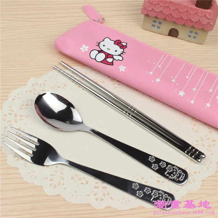

3pcs Sanrio Hello Kitty Anime Cartoon Kawaii Cute Children's Tableware Baby Meal Metal Spoon Fork Chopsticks Tableware Gifts