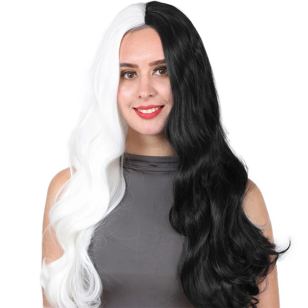 

Long Wavy Hair Synthetic Lace Wigs Half Black White Curly Synthetic Hair Wigs With Bangs 30Inch For Women FXKS