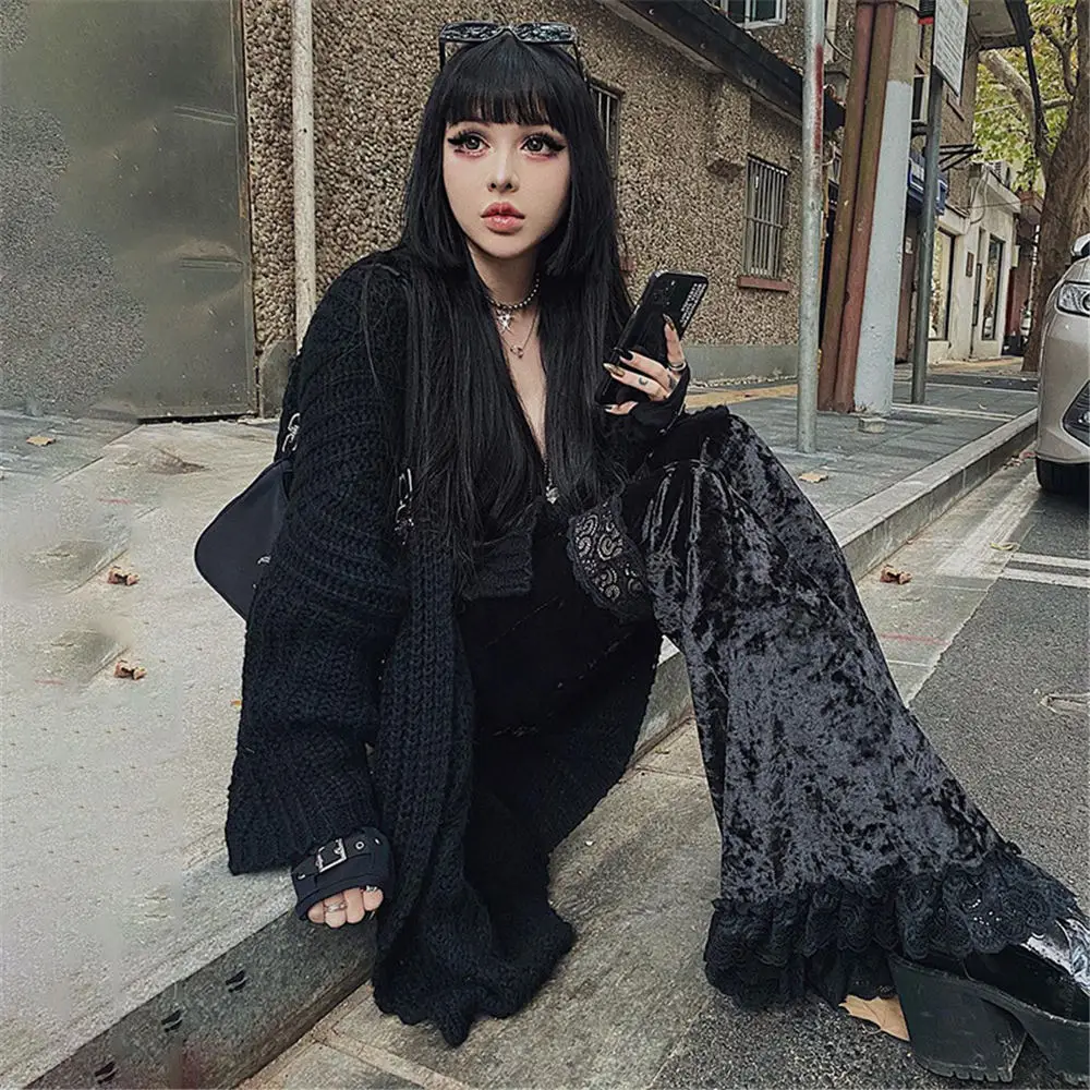 Women Lace Flared Pants Korean Chic Black Pastel Gothic Trousers Fuzzy Lace Stitching Bottom Hollow Sexy Streetwear
Women Lace Flared Pants Korean Chic Black Pastel Gothic Trousers Fuzzy Lace Stitching Bottom Hollow Sexy Streetwear