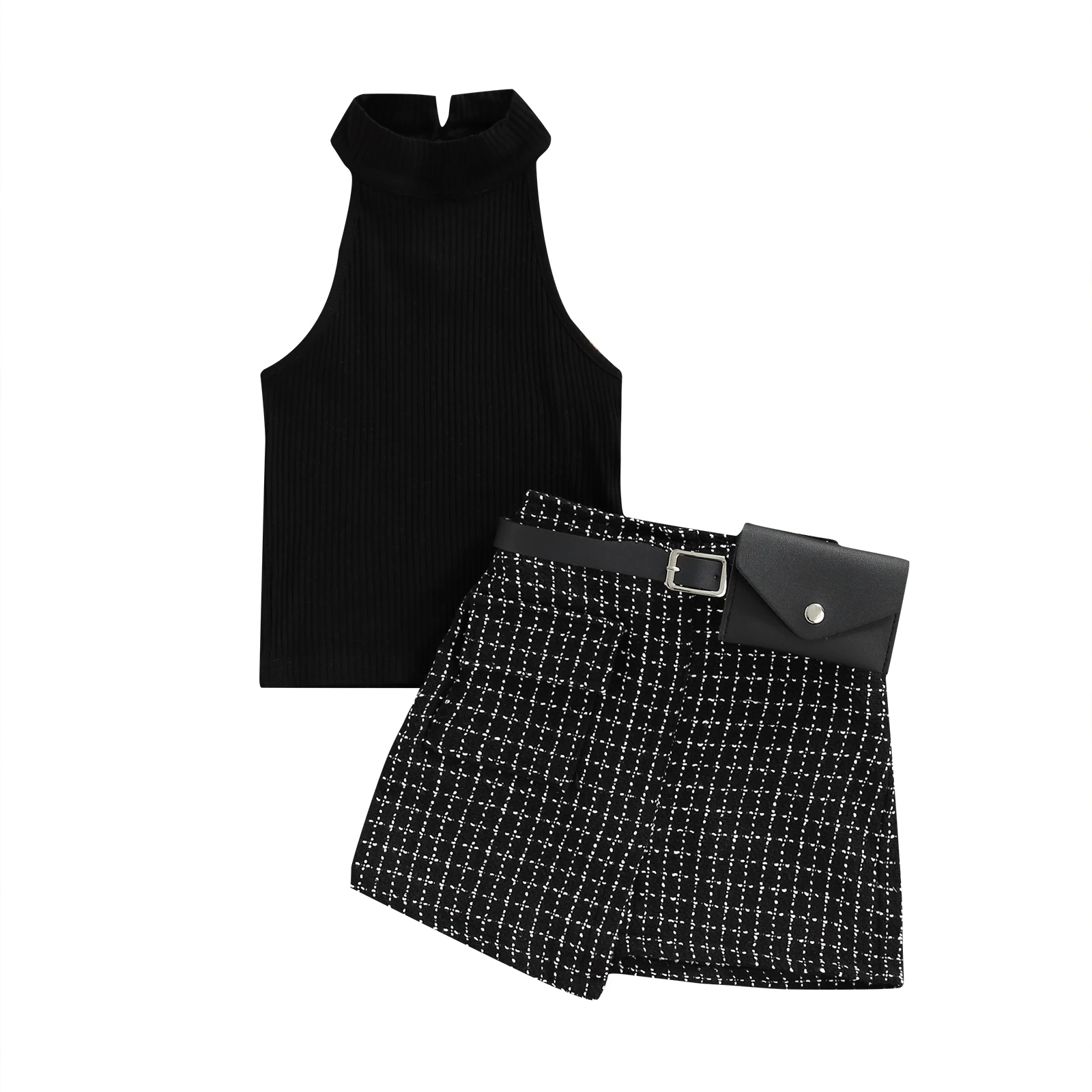 3 Pcs Infant Casual Outfits Set Girls Sleeveless Ribbed Solid Color Halter Tops + Plaid Skirt + Waist Pack Fashion Set 1-6Years
3 Pcs Infant Casual Outfits Set Girls Sleeveless Ribbed Solid Color Halter Tops + Plaid Skirt + Waist Pack Fashion Set 1-6Years