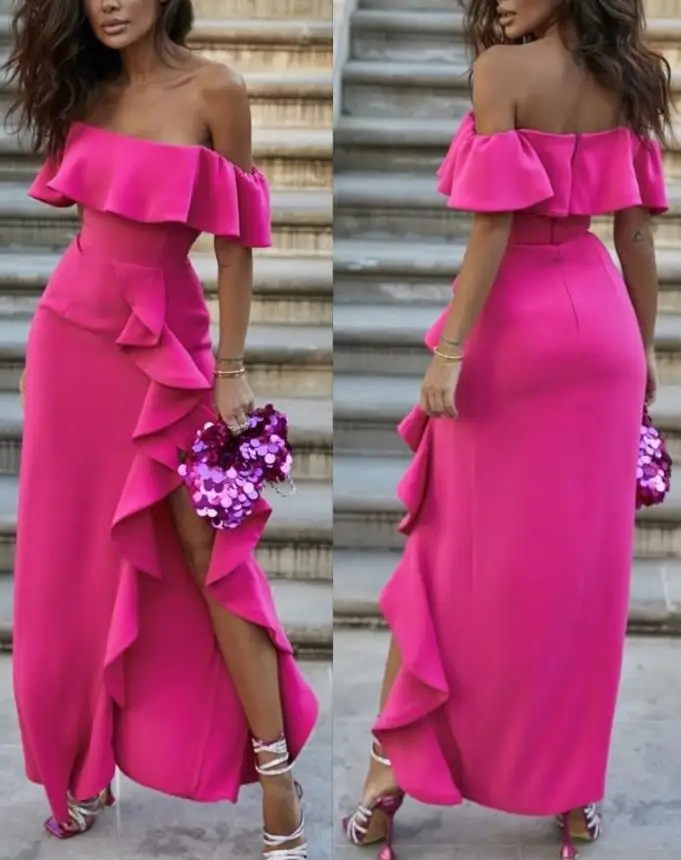 Sexy Women's Dresses 2022 Summer Off Shoulder Ruffle Hem High Slit Plain Short Sleeve Maxi Party Dress
Sexy Women's Dresses 2022 Summer Off Shoulder Ruffle Hem High Slit Plain Short Sleeve Maxi Party Dress