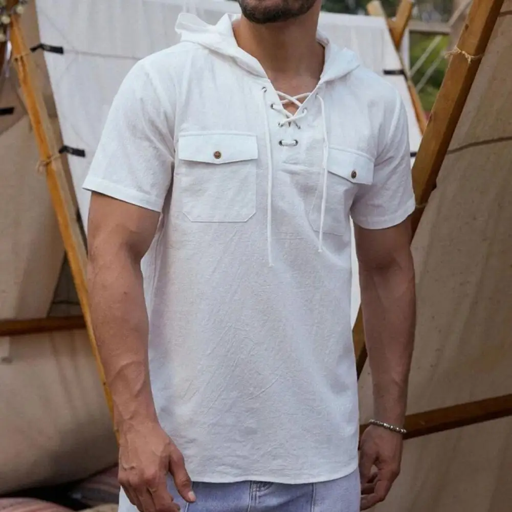 Simple Men Shirt Solid Color Hooded Short Sleeve Loose Lace Up Summer Hooded Pullover Top Leisure Men Shirt for Daily Wear
Simple Men Shirt Solid Color Hooded Short Sleeve Loose Lace Up Summer Hooded Pullover Top Leisure Men Shirt for Daily Wear