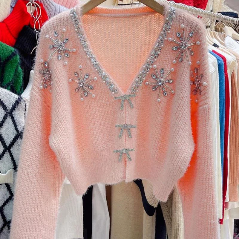 Mink Cashmere Knitted Cardigan Women's Luxury Diamond-studded Beaded Jumpers Sweet Bright Pink Bowtie V-neck Cropped Sweater
Mink Cashmere Knitted Cardigan Women's Luxury Diamond-studded Beaded Jumpers Sweet Bright Pink Bowtie V-neck Cropped Sweater