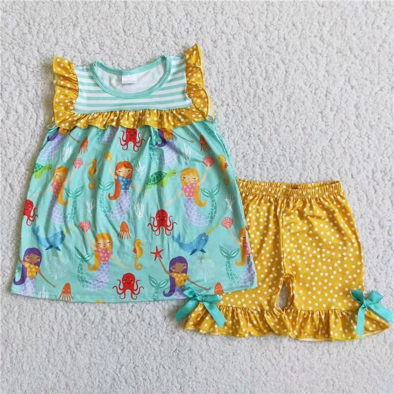 summer kids clothes 2 pcs baby girl cotton outfit sleeveless mermaid t shirt and yellow polka dots shorts children suit
summer kids clothes 2 pcs baby girl cotton outfit sleeveless mermaid t shirt and yellow polka dots shorts children suit