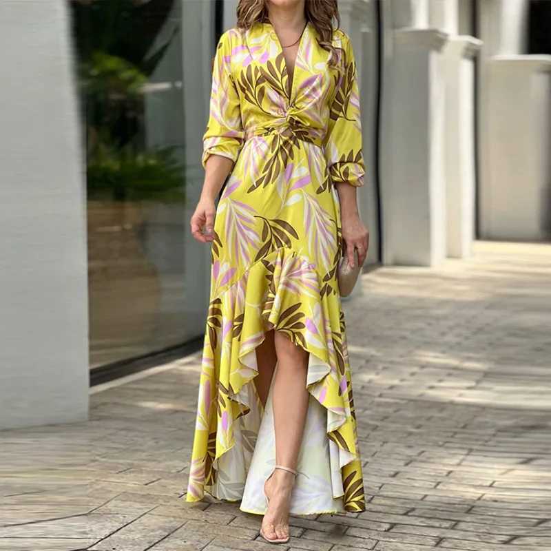 Vintage Print High Waist Long Sleeve Dress for Women Office Lady 2022 Summer Sexy V Neck Irregular Ruffle Elegant Yellow Dress
Vintage Print High Waist Long Sleeve Dress for Women Office Lady 2022 Summer Sexy V Neck Irregular Ruffle Elegant Yellow Dress