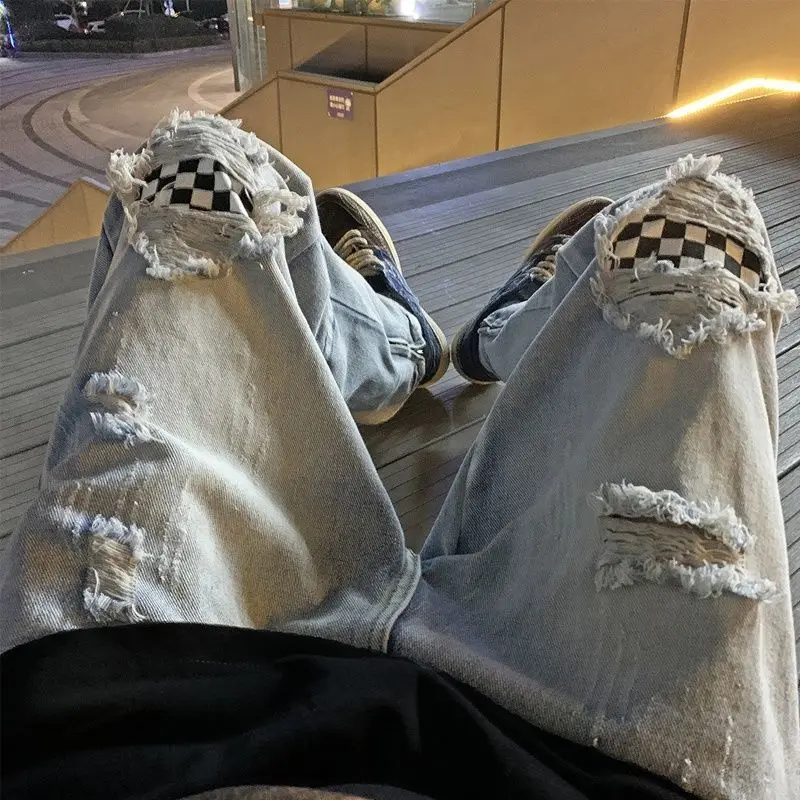 Men's ripped jeans American unisex vibe pants high street trend patch hole checkerboard jeans women hip hop straight trousers
Men's ripped jeans American unisex vibe pants high street trend patch hole checkerboard jeans women hip hop straight trousers