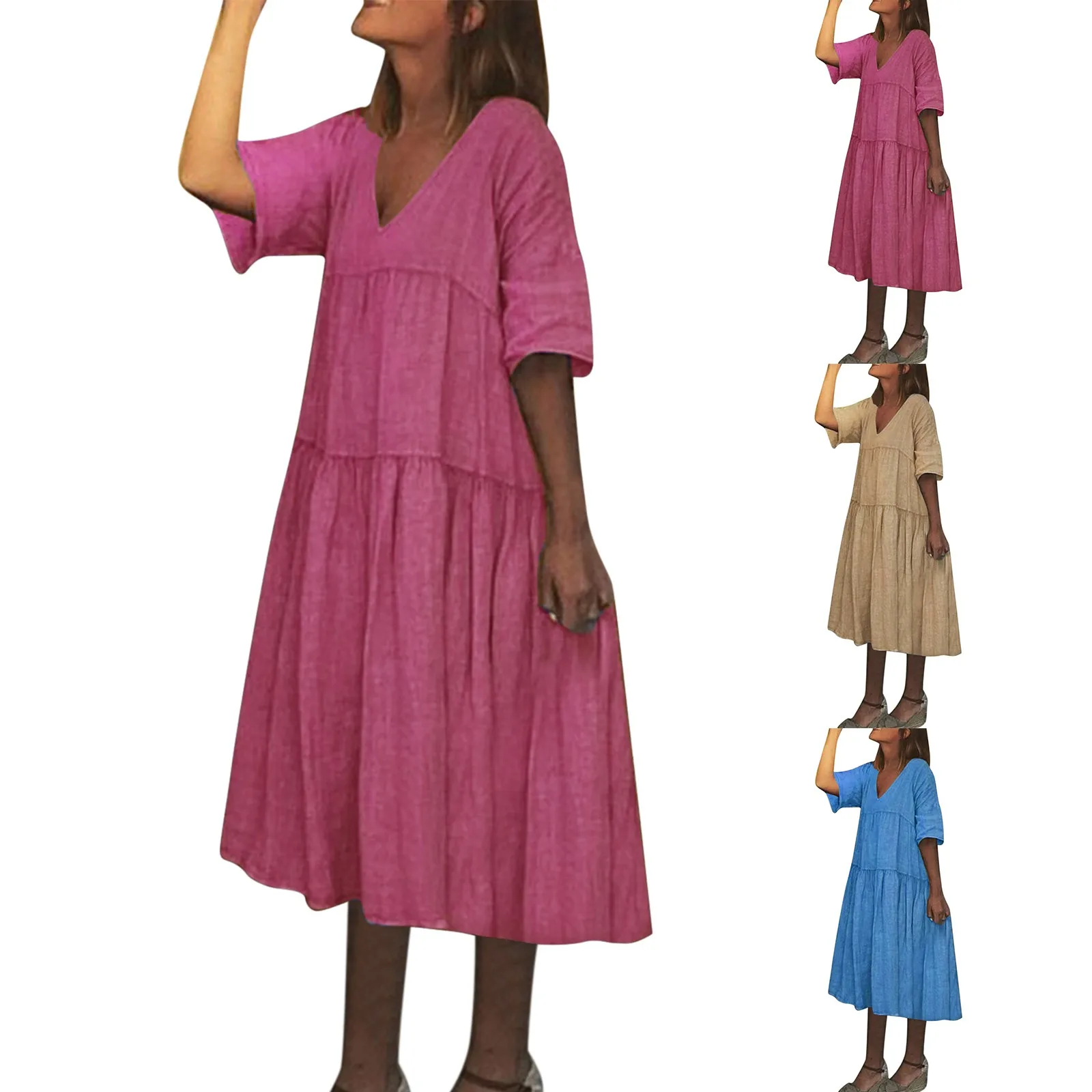 Женское платье-туника с коротким рукавом, V-образным вырезом и коротким рукавом 
Женское платье-туника с коротким рукавом, V-образным вырезом и коротким рукавом