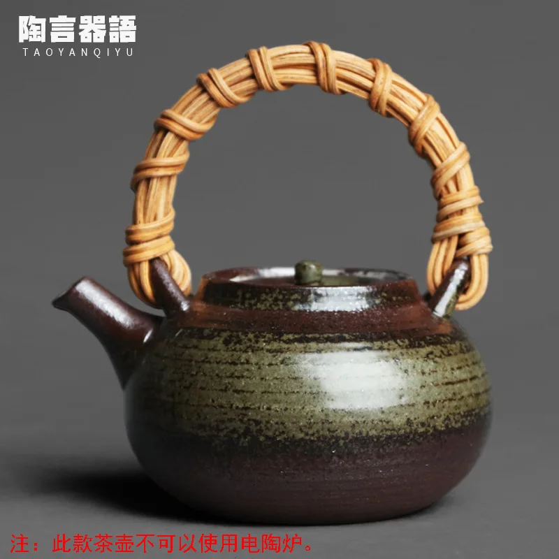 

Kiln baked fire marks glaze handmade rattan ring handle teapot rock mine clay material retro pottery Kung Fu tea brewing single