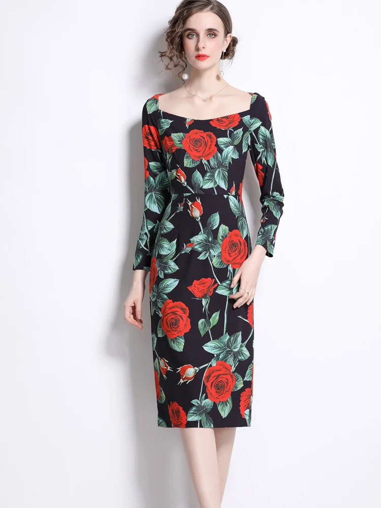

Женское модельное платье-карандаш с цветочным принтом, элегантное дизайнерское праздничное платье миди с длинным рукавом и квадратным выр...