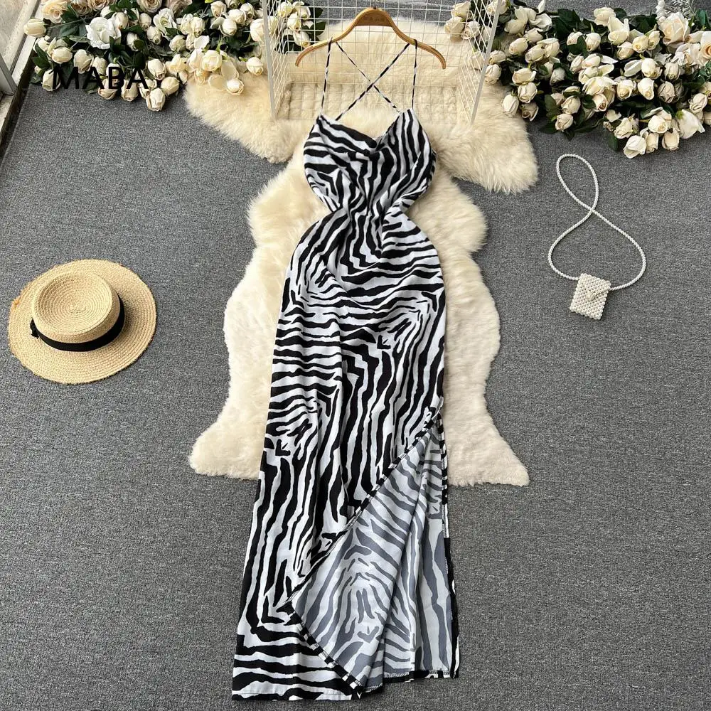 

Sexy Zebra Stripes Long Dress Women 2022 Summer Ladies Sleeveless Slim Backless Party Club Spaghetti Strap Side Slit Leg Dress