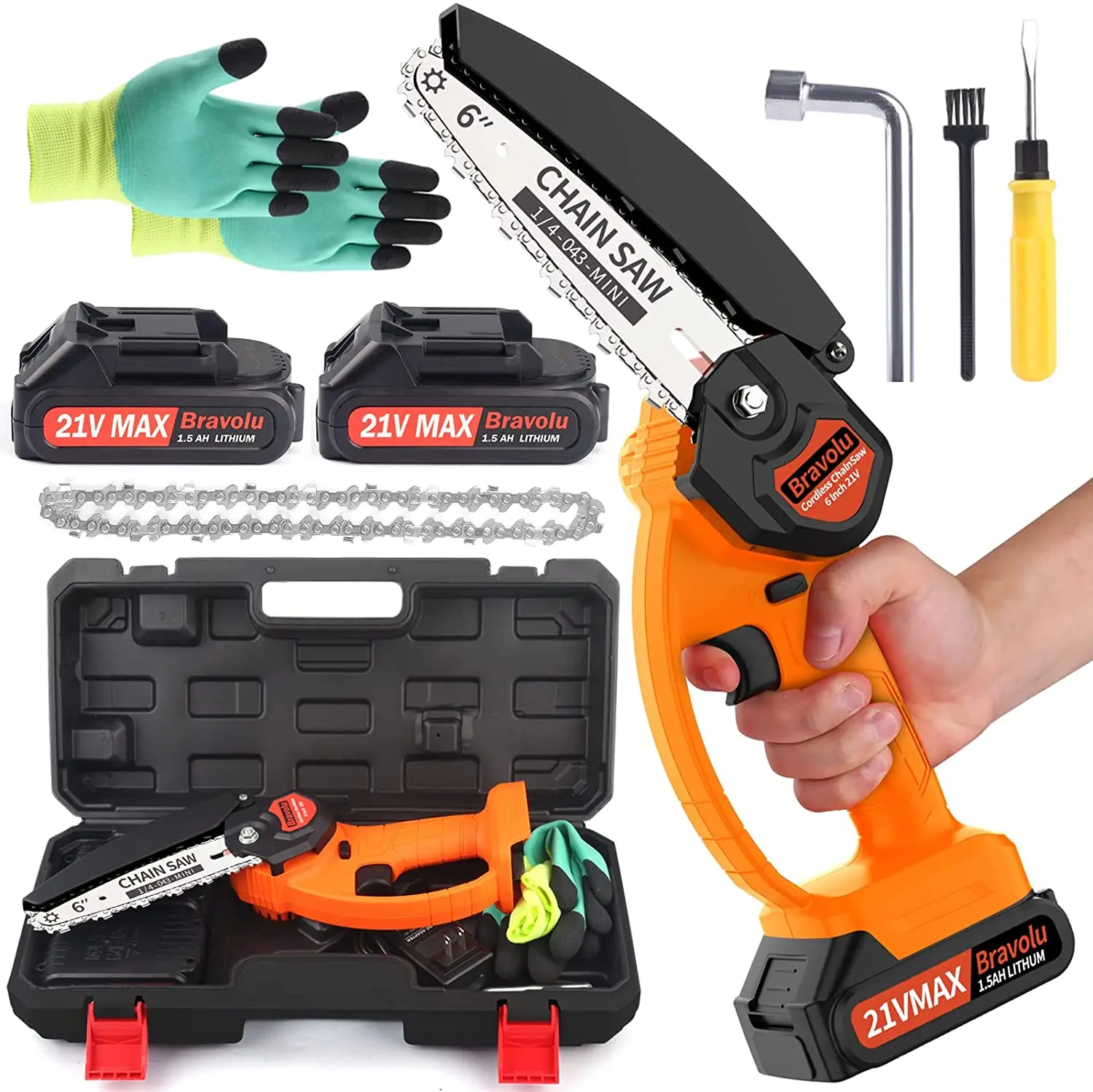 Mini Chainsaw 6 Inch, Bravolu Cordless Power Chain Saws, Portable 21V Chainsaw Battery Powered, Metal wall plate
Mini Chainsaw 6 Inch, Bravolu Cordless Power Chain Saws, Portable 21V Chainsaw Battery Powered, Metal wall plate