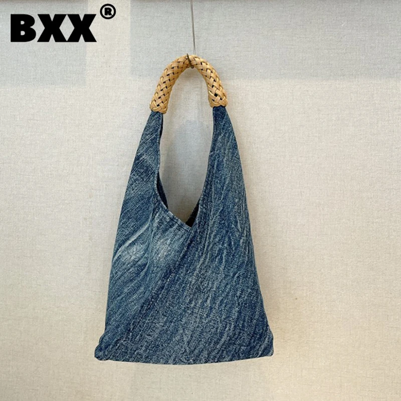 

[BXX] Contrast Color Canvas Denim Tote Bag For Women 2023 New Fashion Shoulder Underarm Female Travel Casual Handbag 8CY91