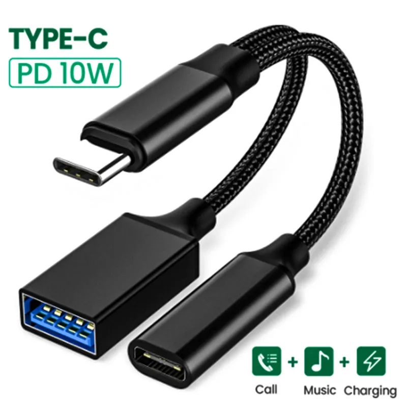 

USB C OTG Cable Phone Adapter 2 in1 Type C Male to USB C Female Charging Port with USB Female Splitter Adapter for Samsung Huawe