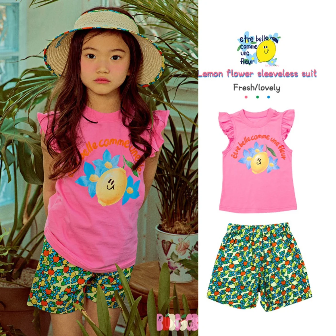 

Jenny&Dave 2023 summer new series Nordic middle and small girls soft cotton fly sleeve top floral shorts suit girl