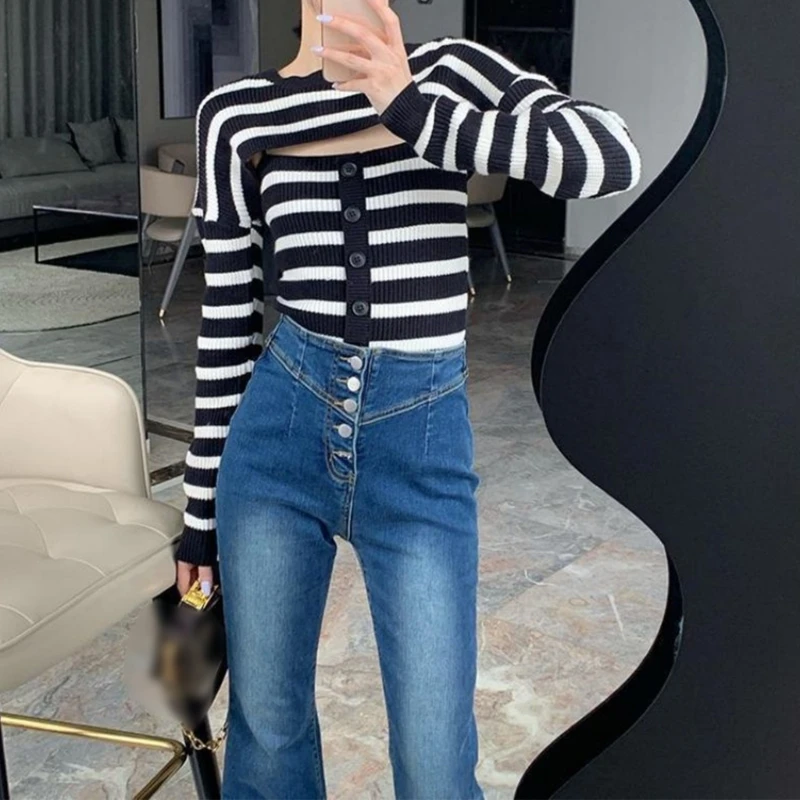 Womens 2 Piece Ribbed Knit Striped Sweaters Set O-Neck Long Sleeve Pullover Cropped Top with Camisole for Tank Top Drop Shipping
Womens 2 Piece Ribbed Knit Striped Sweaters Set O-Neck Long Sleeve Pullover Cropped Top with Camisole for Tank Top Drop Shipping