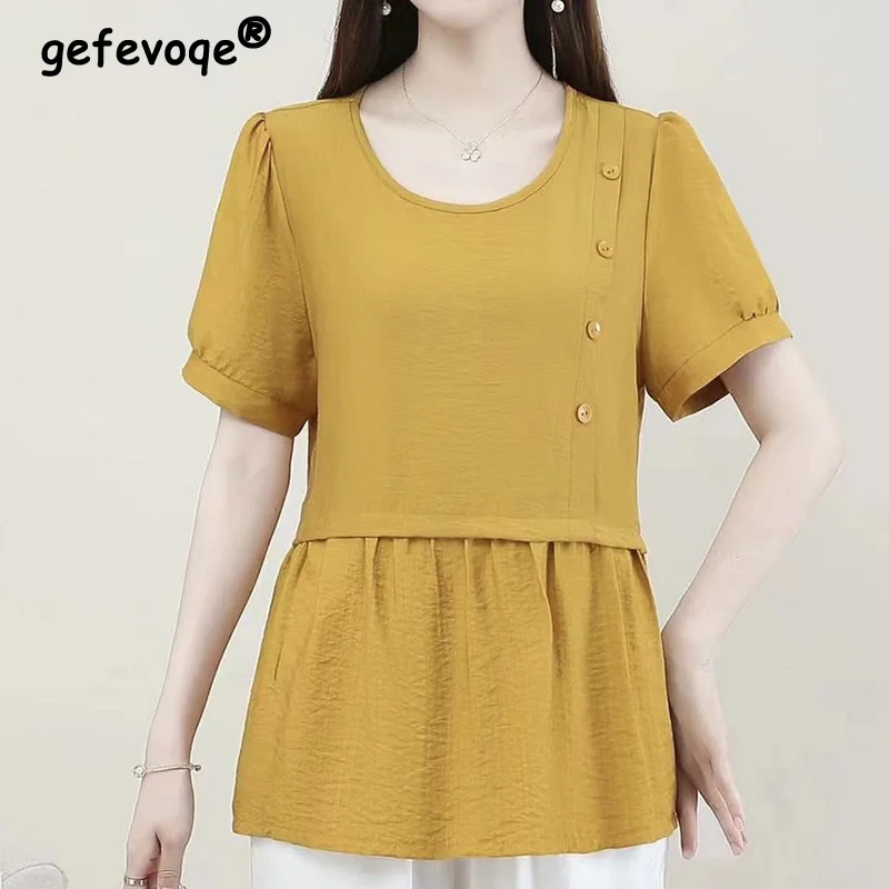 Simplicity Female Clothing Solid Color Pullover T-Shirt Summer Crew Neck Patchwork Button Short Sleeve Cotton Linen Casual Top
Simplicity Female Clothing Solid Color Pullover T-Shirt Summer Crew Neck Patchwork Button Short Sleeve Cotton Linen Casual Top